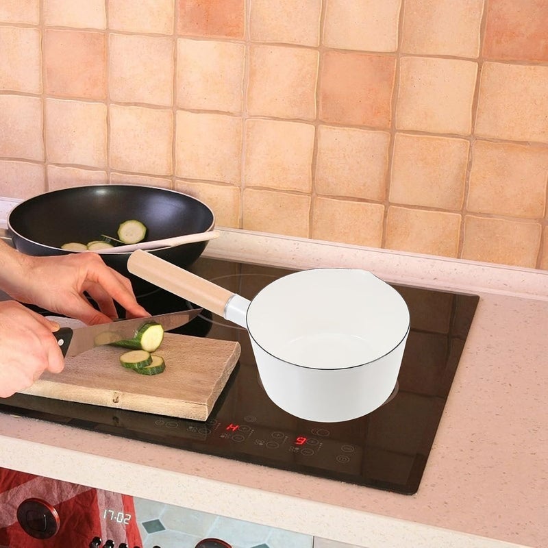 All preference matching build Enamel Complementary Food Pot 14cm White Milk Saucepan with Wooden Handle Small Butter Warmer for Food and Home Cooking Simple upgraded construction - Image 5