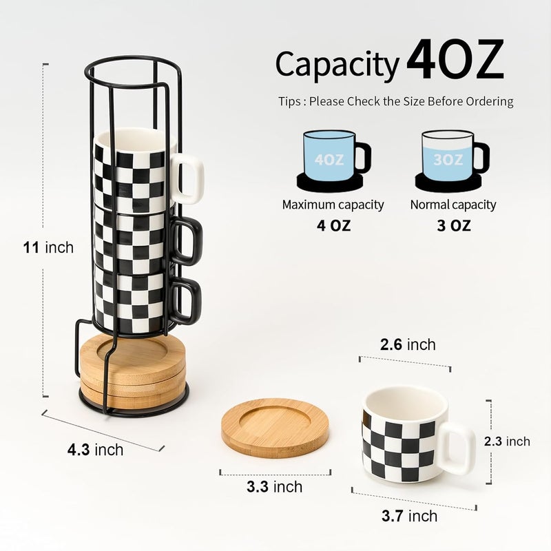 LUKA Ceramic Stackable Black and White Checkered Espresso Cups with Saucers and Metal Stand, 4 Ounce Small Demitasse Cups Set for Coffee Drinks, Latte, Tea - Set of 4 - Image 2