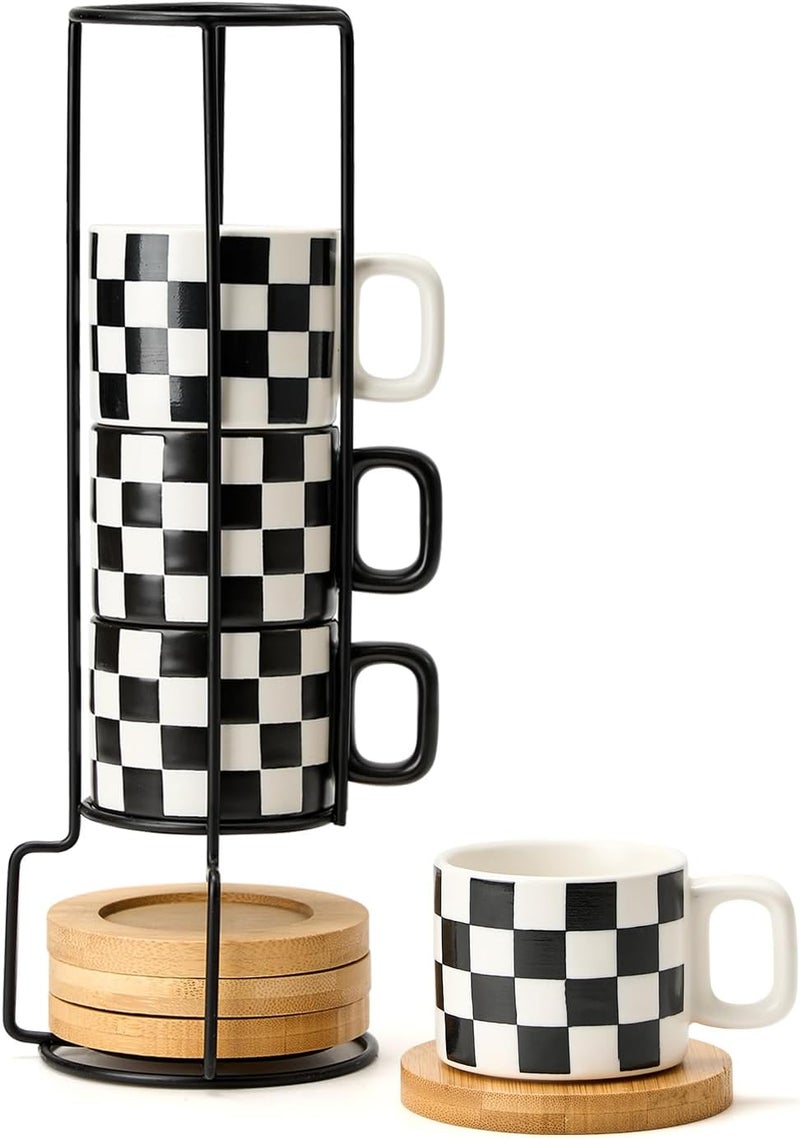 LUKA Ceramic Stackable Black and White Checkered Espresso Cups with Saucers and Metal Stand, 4 Ounce Small Demitasse Cups Set for Coffee Drinks, Latte, Tea - Set of 4 - Image 1