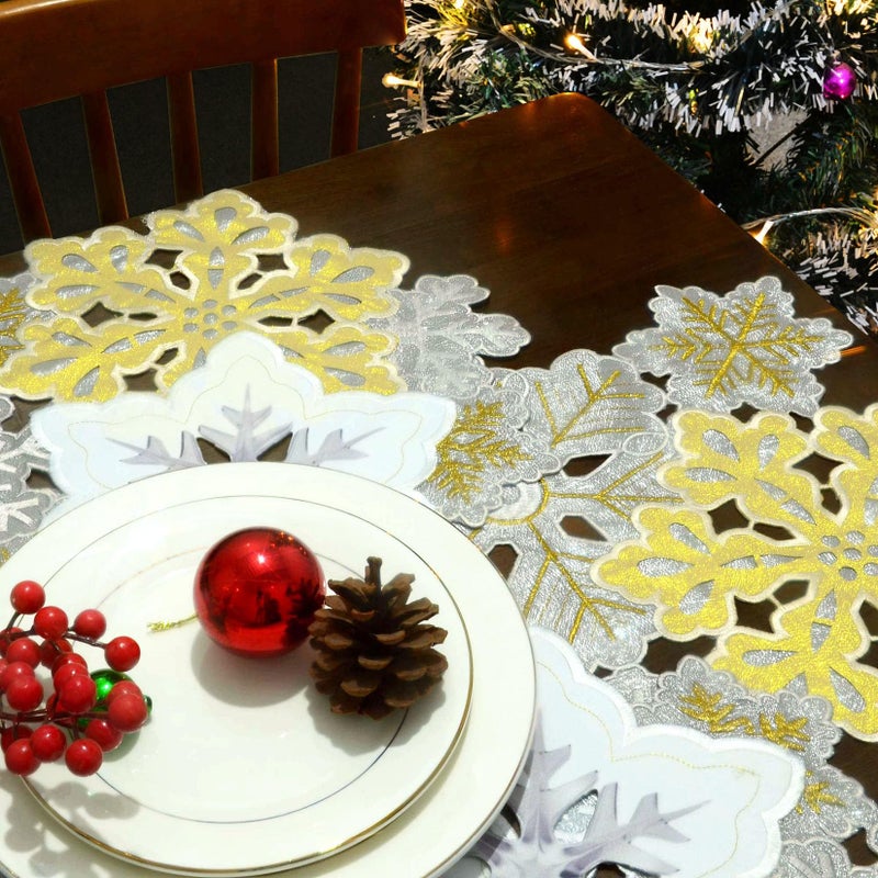 Grelucgo مجموعة جريلوجو من 4 مفارش طاولة مطرزة آليًا ومقطوعة يدويًا من الثلج والذهب لفصل الشتاء (13 × 19 بوصة) - Image 4