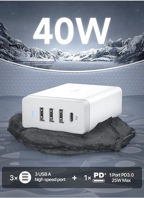 SooPii 40W USB Charging Station,4 Port USB Charger Station with One Port PD/PPS 25W for Multiple Devices,4 Mixed Charging Cables Included,Compatible with lPhone 14,lPad,Samsung Galaxy,Note,LG,HTC.…