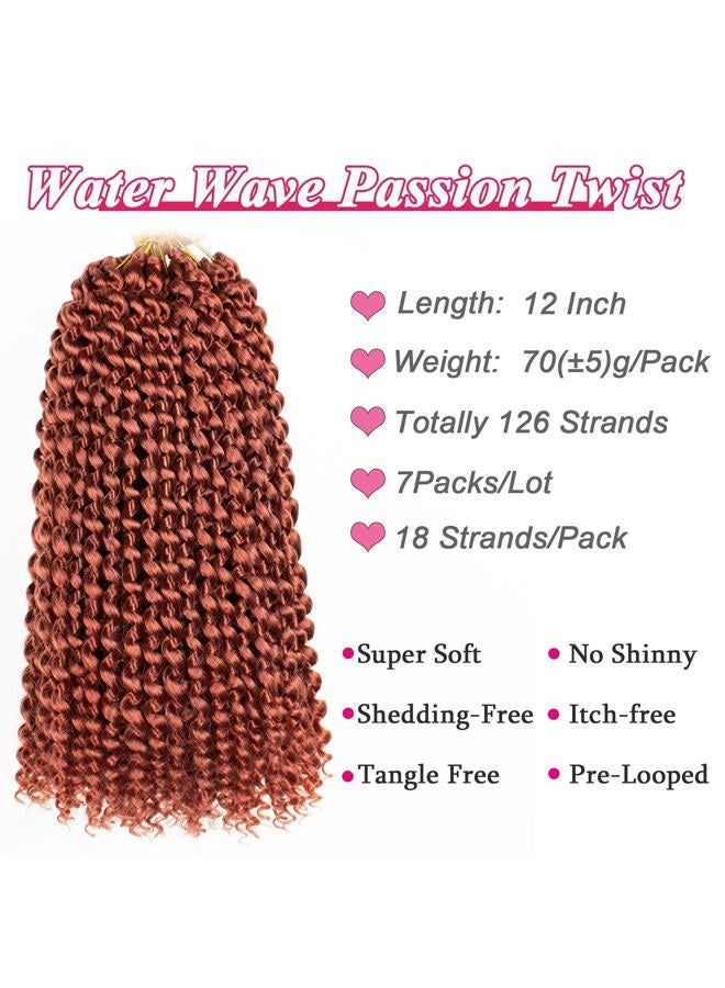 Leeven 7 Packs Copper Red Passion Twist Hair 12 Inch Water Wave Crochet Braids Hair for Distressed Butterfly Locs 350 Color Synthetic Hot Water Setting Passion Twists Hair Extensions - Image 2