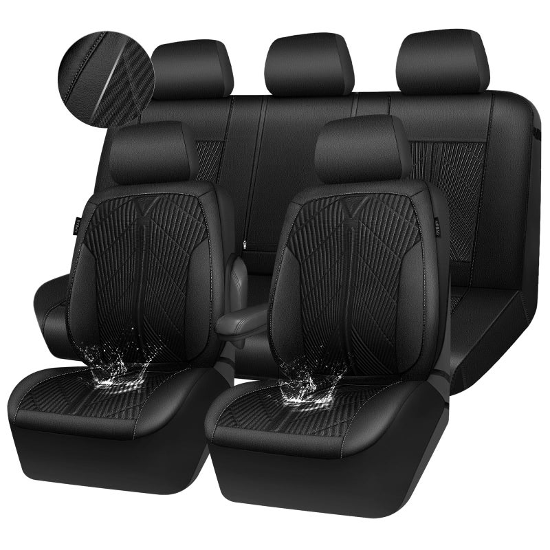 CAR PASS Leather Oxford Car Seat Covers Full Set AllWeather NonSlip Durable Universal Fit for SUVs Sedans Trucks Vans Automotive Armrest Airbag Compatible 3D Emboss 5 Black - Image 2