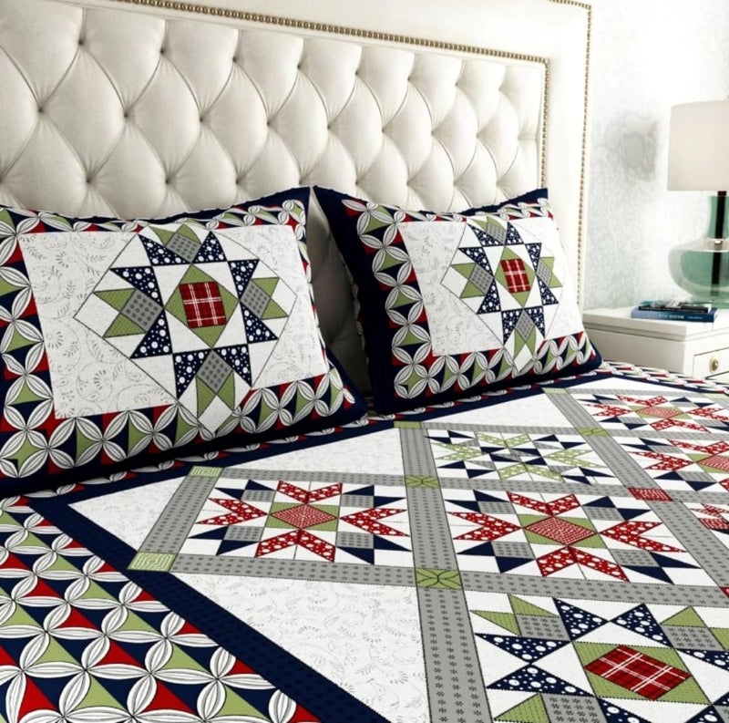 EWISH BOX Geometric Patchwork Quilt Bedding Set with Decorative Pillowcases Navy Blue Red and Green Star Pattern Traditional Design