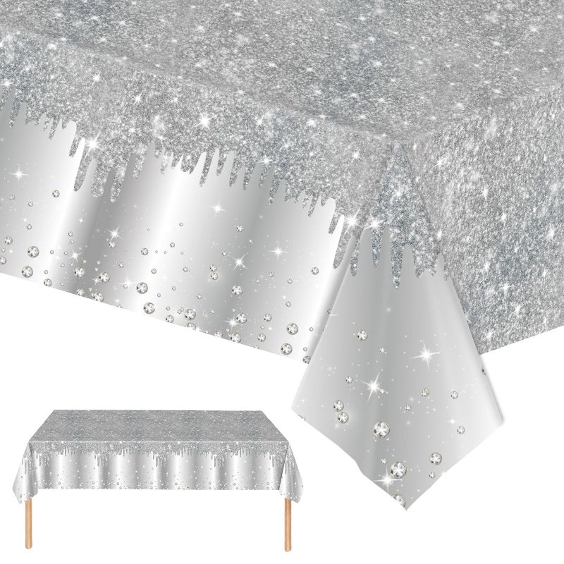 2pcs Silver Table Cloth Party Disposable Tablecloths137 x274cm Shiny Glitter Diamond Silver Party Rectangular Dining Table Cover for Baby ShowerWeddingBirthdayPrincessGirls Party Table Dcor