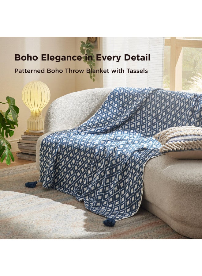 Bedsure Bedsure Boho Throw Blanket for Couch - Cotton Blanket for Sofa, Decorative Blanket Perfect for Home and Outdoor Handmade Lightweight, 50x60 Inches, Blue  - Image 1
