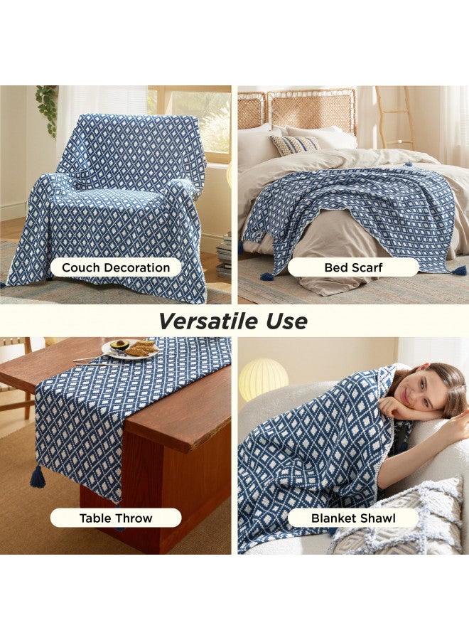 Bedsure Bedsure Boho Throw Blanket for Couch - Cotton Blanket for Sofa, Decorative Blanket Perfect for Home and Outdoor Handmade Lightweight, 50x60 Inches, Blue  - Image 4
