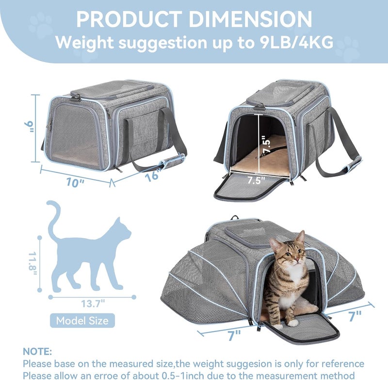 Petsfit Expandable Cat Carriers Airline Approved, 16"x10"x9" Small Dog Carrier Soft-Sided Portable Washable Pet Travel Carrier with Two Extension for Kitten,Rabbit, Puppy, Small Animal - Image 4