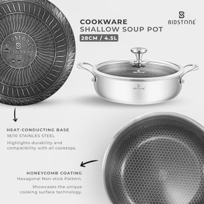 28cm Premium Stainless Steel Shallow Pot 4.5L Honeycomb Nonstick Coating, Tempered Glass Lid, Induction and Oven Safe, PTFE/PFOA-Free, Dishwasher Safe - Image 5