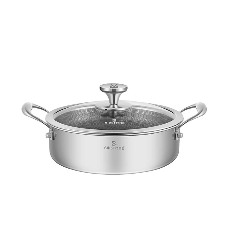 28cm Premium Stainless Steel Shallow Pot 4.5L Honeycomb Nonstick Coating, Tempered Glass Lid, Induction and Oven Safe, PTFE/PFOA-Free, Dishwasher Safe - Image 1