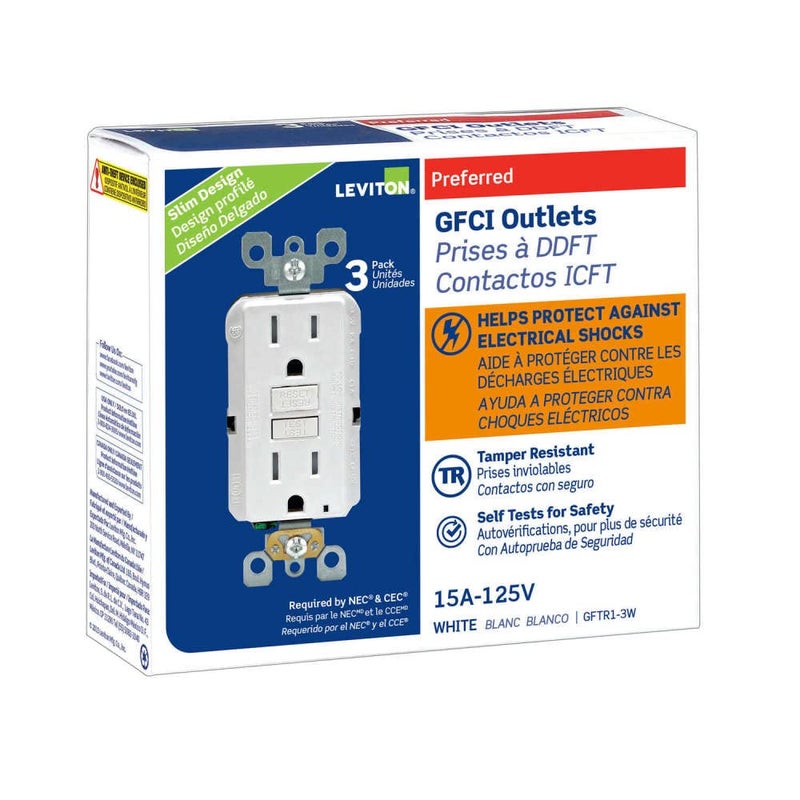 Leviton Smartest Self-Test SmartlockPro Slim GFCI Tamper-Resistant Receptacle with LED Indicator (3 Pack), GFTR1-3W, White - Image 1