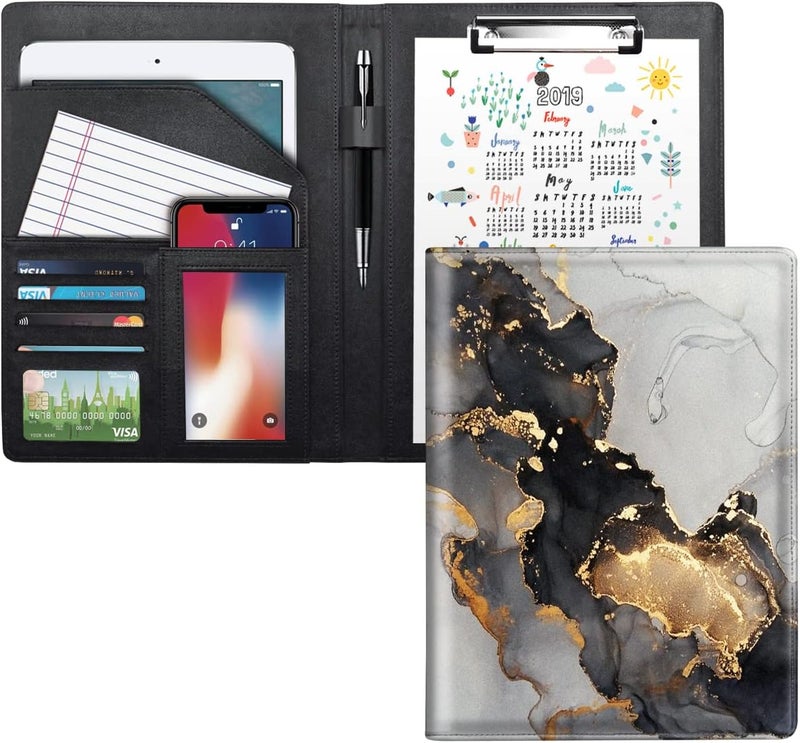 WAVEYU Padfolio Business/Resume Portfolio Folder, Marble Leather Interview Organizer with Legal Pad Folder Clipboard for Men/Women, Black+Gold - Image 1