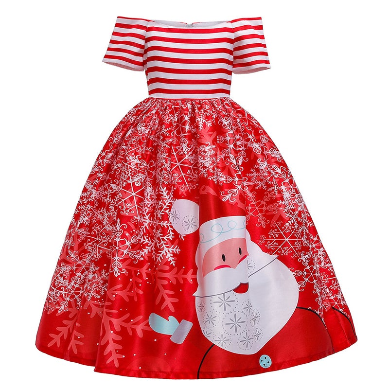 Santa Claus Snowflake Cartoon Print Dress Childrens Dress Long Dress Princess dress Christmas Performance Dress SD056-Red