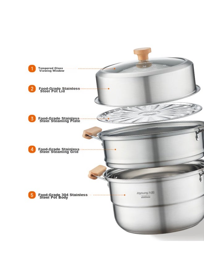 Joyoung Steamer Pot, 304 Stainless Steel, For Home Use, Steams Fish And Steamed Buns, Large Capacity, Can Steam Two Layers, Compatible With Various Stoves, 30cm - Image 3