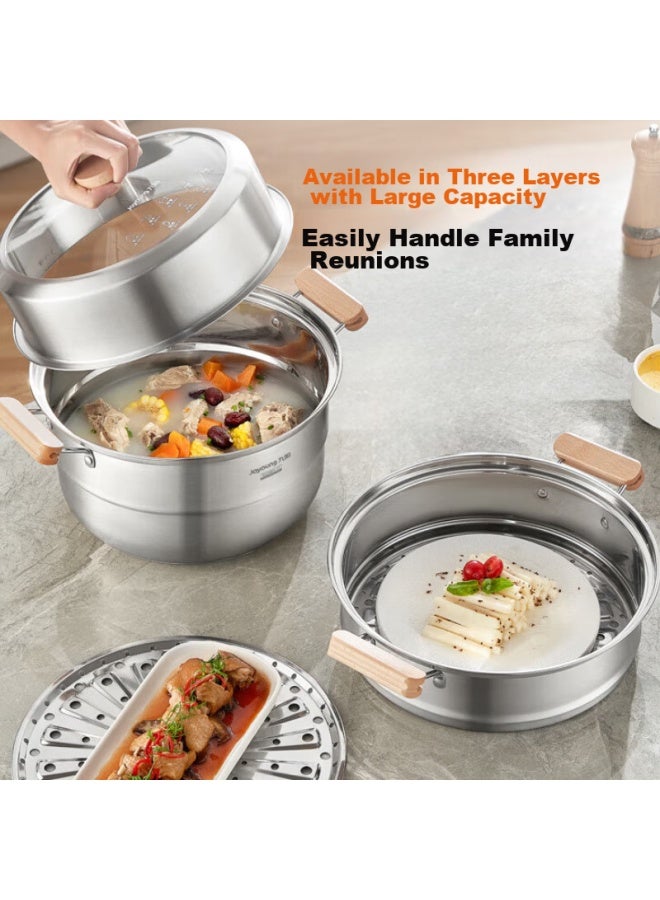 Joyoung Steamer Pot, 304 Stainless Steel, For Home Use, Steams Fish And Steamed Buns, Large Capacity, Can Steam Two Layers, Compatible With Various Stoves, 30cm - Image 2