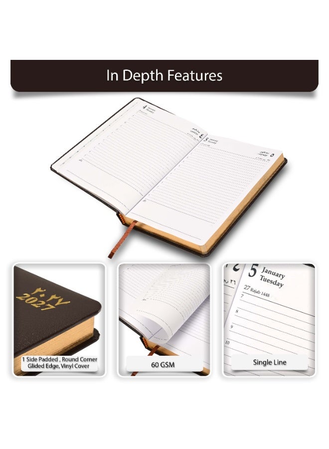 FIS 2027 Golden A5 Diary, 148x210mm, 1 Side Padded Vinyl Cover, Round Corners, Gilded Edges, 1 Day a Page Format, Arabic/English, 60gsm White Paper, Chocolate Cover-FSDI23AEG27CH - Image 5