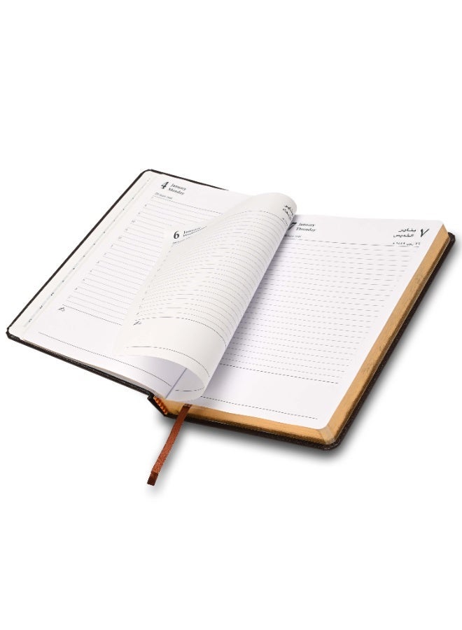 FIS 2027 Golden A5 Diary, 148x210mm, 1 Side Padded Vinyl Cover, Round Corners, Gilded Edges, 1 Day a Page Format, Arabic/English, 60gsm White Paper, Chocolate Cover-FSDI23AEG27CH - Image 2