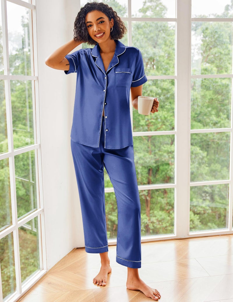 Ekouaer Silk Satin Pajamas Set Women Short Sleeve Sleepwear Soft Button Down Loungewear Pjs Set Navy Blue Medium - Image 4