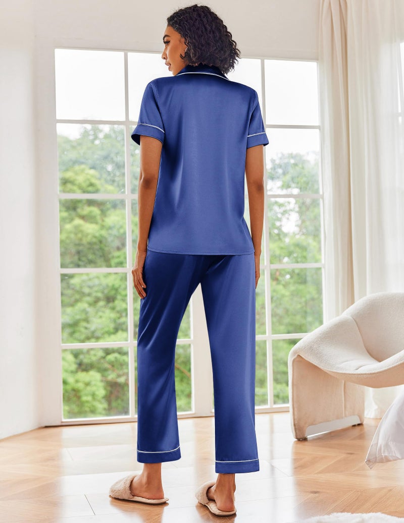 Ekouaer Silk Satin Pajamas Set Women Short Sleeve Sleepwear Soft Button Down Loungewear Pjs Set Navy Blue Medium - Image 5