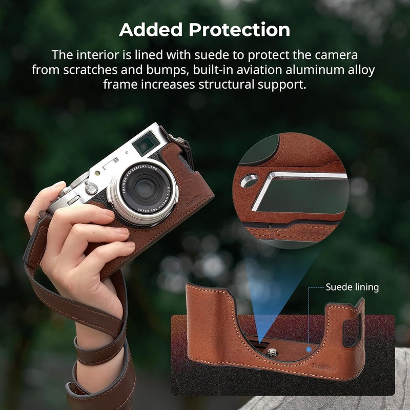 SMALLRIG X100VI Half Leather Case Kit with Shoulder Strap, Retro Style Leather Camera Half Leather Case with Aluminum Alloy Frame for FUJIFILM X100VI (Brown) - 4699 - Image 3