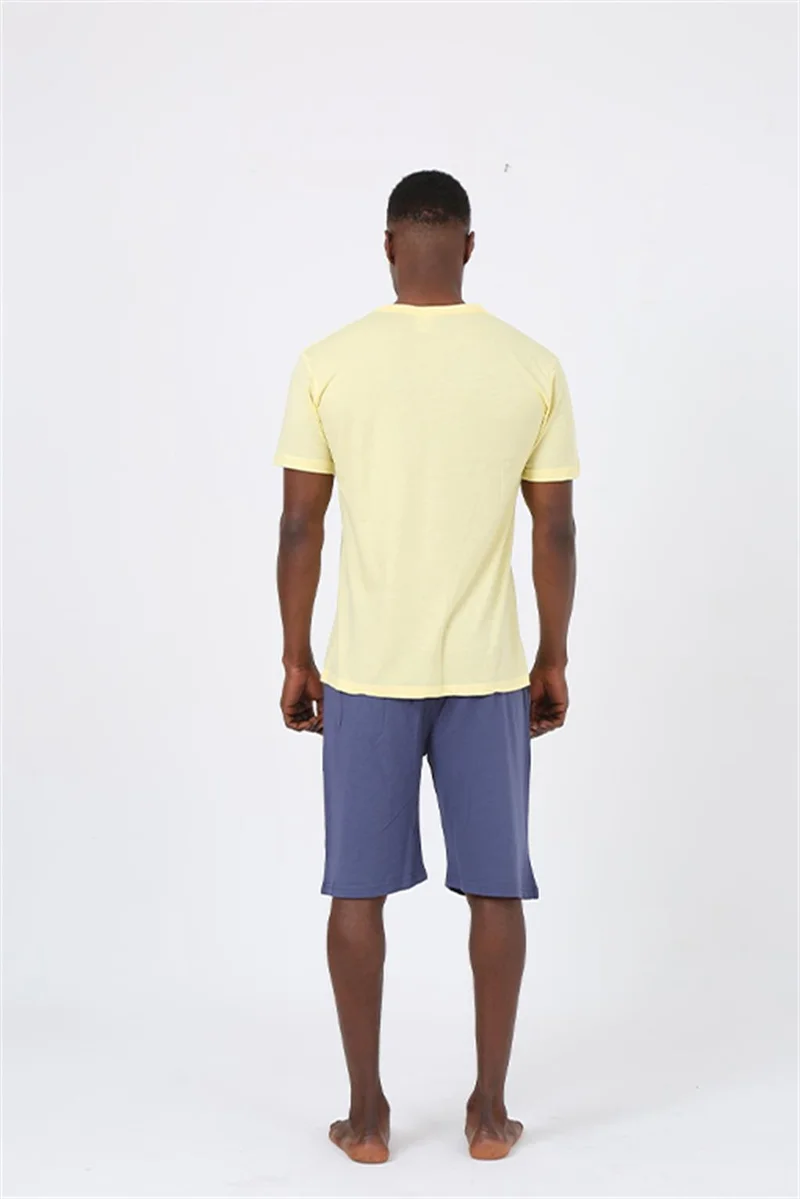 اكبينيز Men's Short Sleeve Yellow Combed Cotton Short Pajamas Set 20372