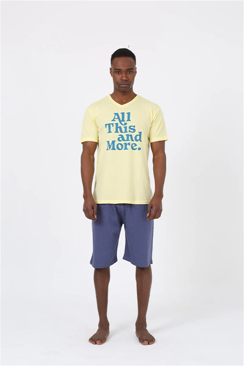 اكبينيز Men's Short Sleeve Yellow Combed Cotton Short Pajamas Set 20372