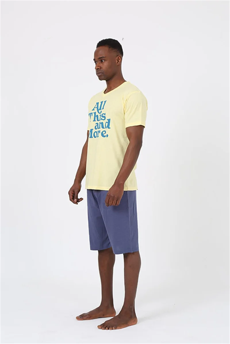 اكبينيز Men's Short Sleeve Yellow Combed Cotton Short Pajamas Set 20372