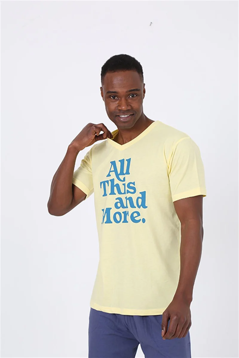اكبينيز Men's Short Sleeve Yellow Combed Cotton Short Pajamas Set 20372