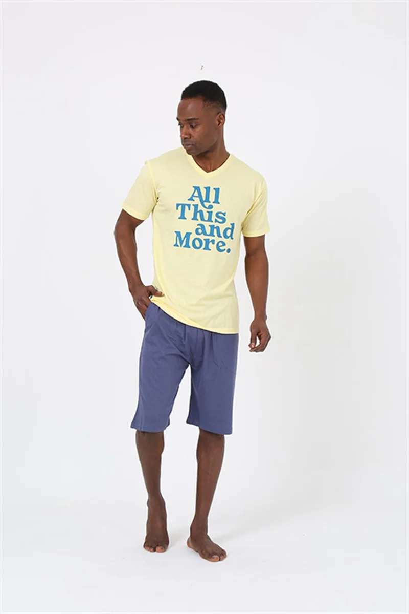 اكبينيز Men's Short Sleeve Yellow Combed Cotton Short Pajamas Set 20372