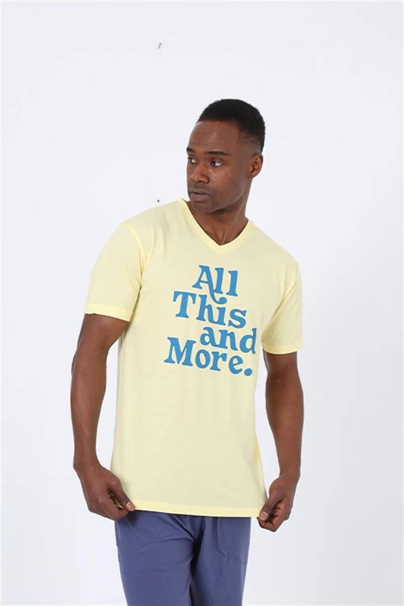 اكبينيز Men's Short Sleeve Yellow Combed Cotton Short Pajamas Set 20372