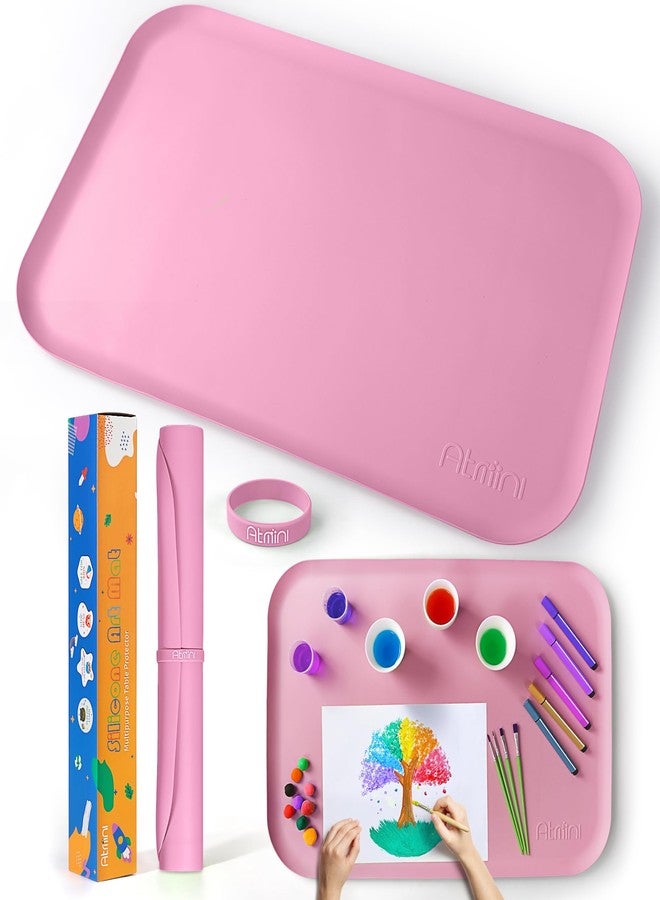 AtMini Silicone Craft Mats for Kids 24"x16"– with Raised Lip & Non-Slip | Reusable Silicone Art Mat for Play Sand, Painting, DIY Crafts | Durable Design (Pink) - Image 1