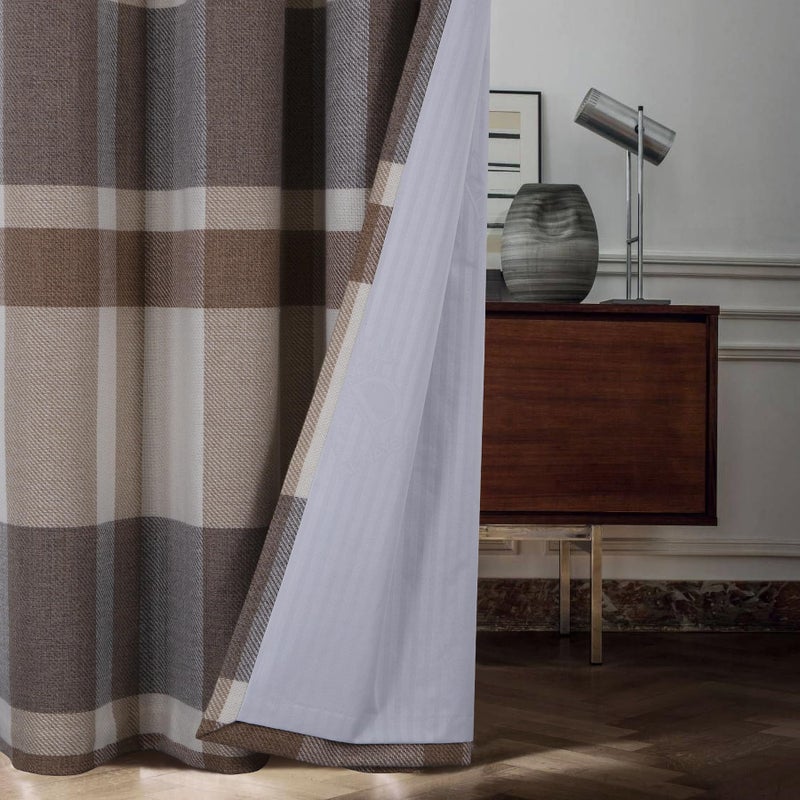always4u 100% Blackout Plaid Curtains for Bedroom Living Room Woolen Look Black Tartan Grommet Thermal 2 Panels 54 * 63 Beige Grey - Image 3