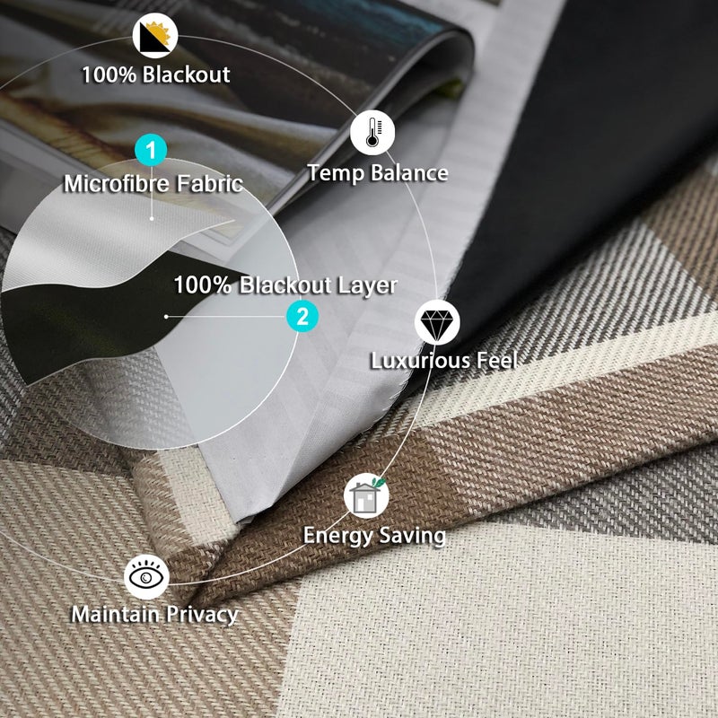 always4u 100% Blackout Plaid Curtains for Bedroom Living Room Woolen Look Black Tartan Grommet Thermal 2 Panels 54 * 63 Beige Grey - Image 5