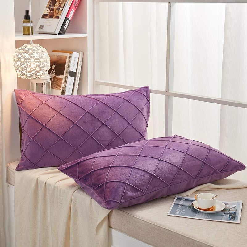 AMICA Luxurious Diamond Pinch Pleated Crystal Velvet Pillowcases Solid Pintuck Throw Cushion Cover for Home Decor Hidden Zipper Closure Purple 16 X 24 Inch - Image 2