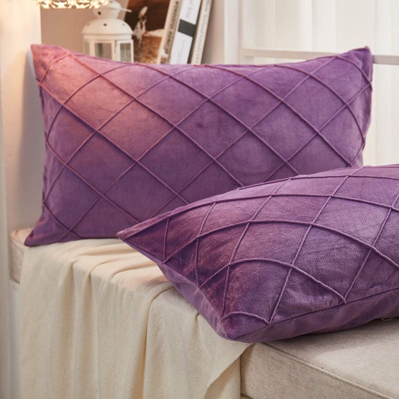 AMICA Luxurious Diamond Pinch Pleated Crystal Velvet Pillowcases Solid Pintuck Throw Cushion Cover for Home Decor Hidden Zipper Closure Purple 16 X 24 Inch - Image 3