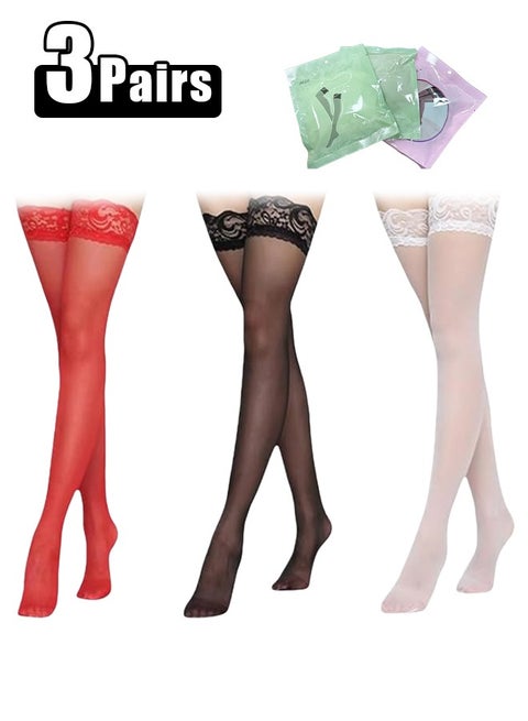 3 Pairs Women Thigh High Stockings Anti-skid Silicone Lace Stockings Silk Stocking Tights for Women and Girls Supplies