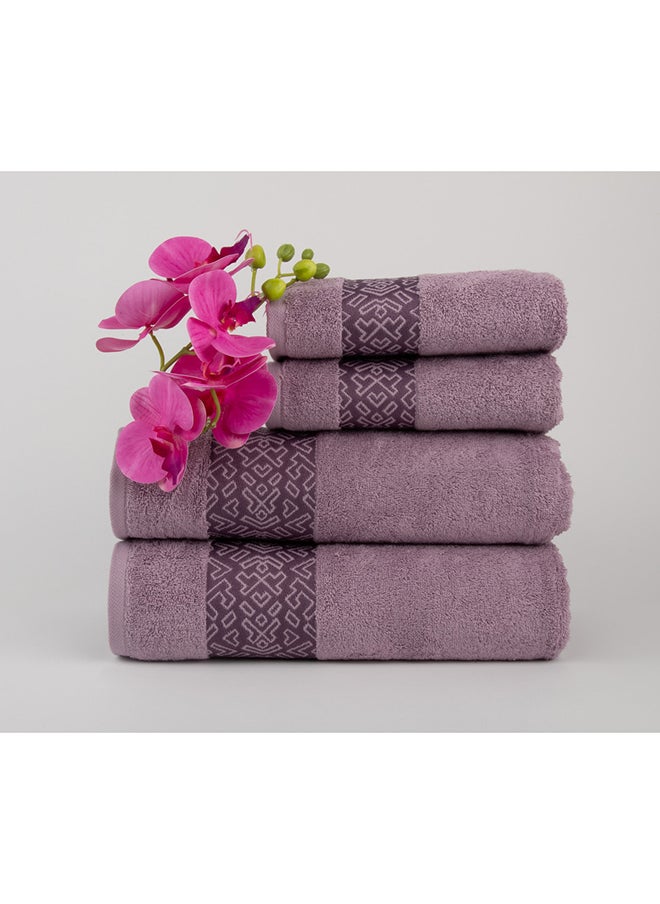 White Rose Towel 4 Piece Bathroom  Set - BLOCKS - 500 GSM - 100% Cotton Terry - Jacquard Border- 2 Bath  70X140 cm & 2 Hand  50x90 cm- Luxury Touch - Extra Absorbent-Purple  - Image 1