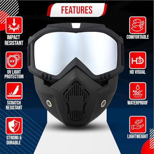 BTfash Goggle Mask Anti Scratch UV Protective Open Face & Eyewear Windproof Dirt Shield Adjustable Strap Soft Foam Padded Detachable for Cycling Bike Off Road Racing Riding Unisex (Silver) - Image 2
