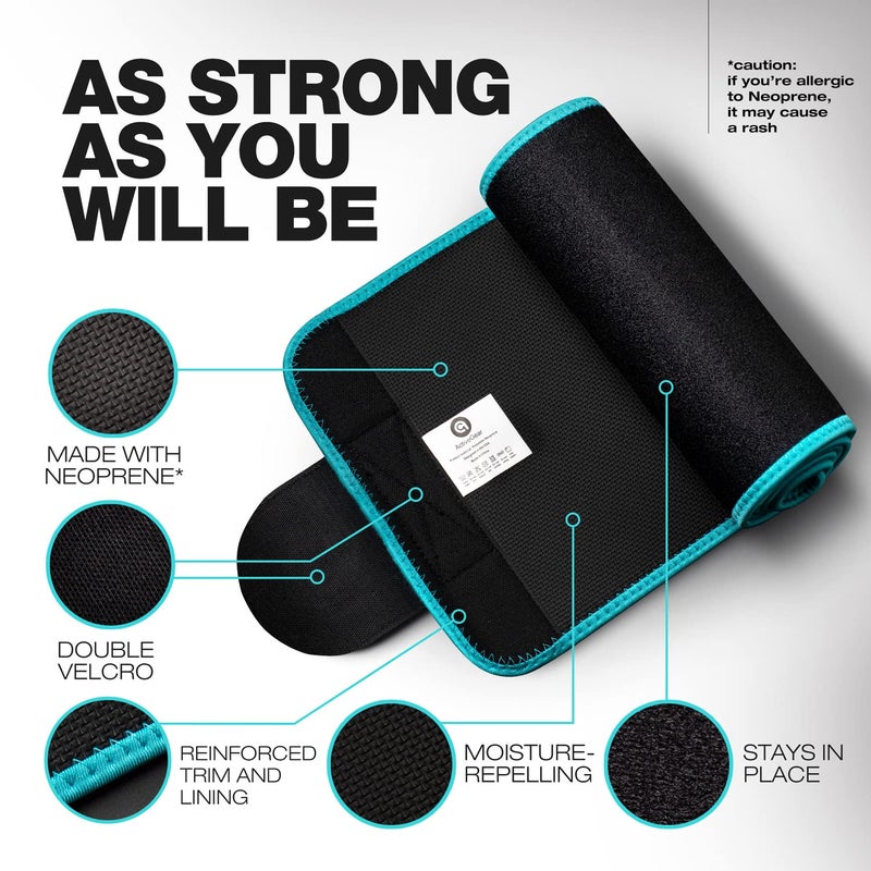 ActiveGear Waist Trainer for Women & Men - Sweat Band Waist Trimmer Belt for a Toned Look - Reinforced Trim and Extra Secure Fastening (Blue Hem, Medium: 8â€ x 42â€) - Image 2
