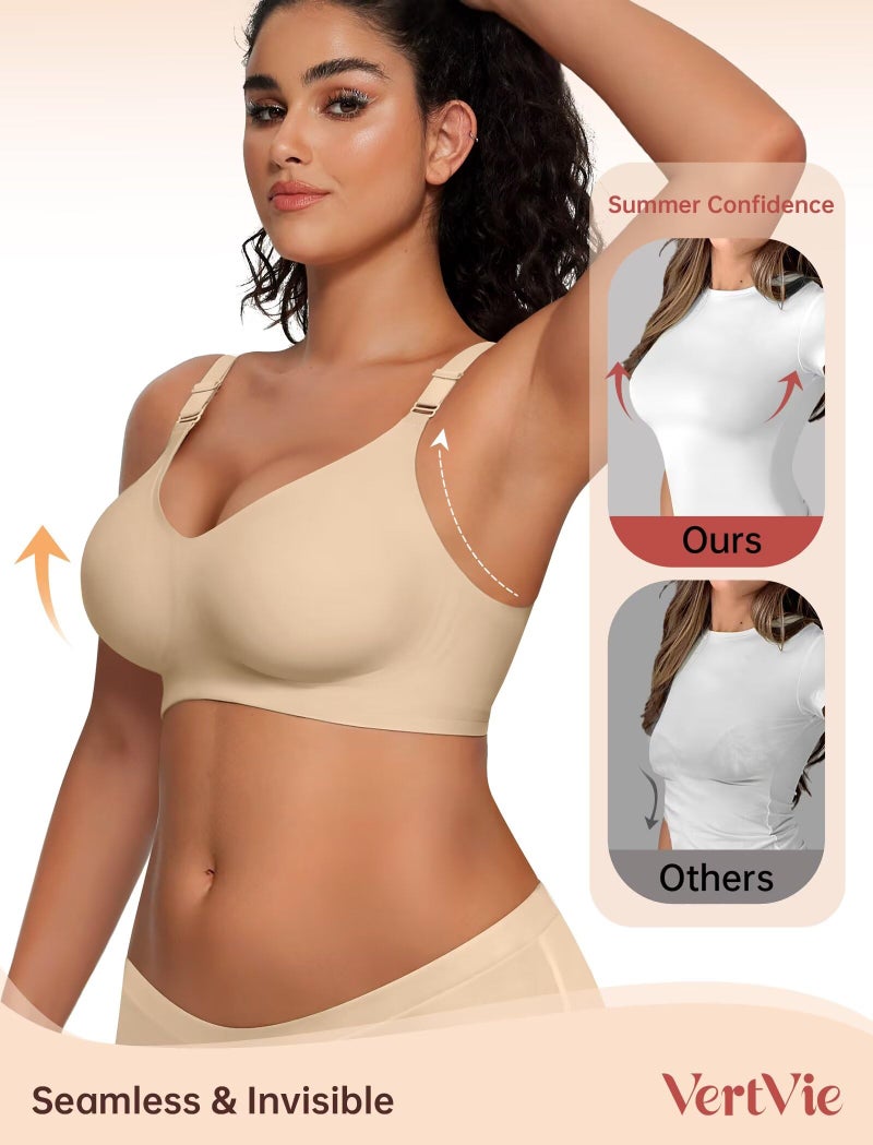 Vertvie Womens Wireless Jelly Bras No Underwire Push Up Seamless Bra Supportive Full Coverage Bralette Regular and Plus Size(Semolina,Large) - Image 3
