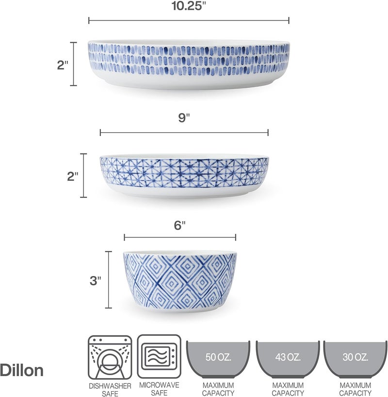 Mikasa Dillon Bone China Lightweight Chip Resistant 9 Piece Dinnerware Bowl Set Service for 3 Blue - Image 2