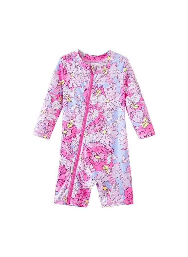 UMELOK Toddler Girls Swimsuit One Piece Full Zip with Long Sleeve UPF 50+ Sun Protection Swimwear Rash Guard Shirts Pink Flower,3Y - Image 1