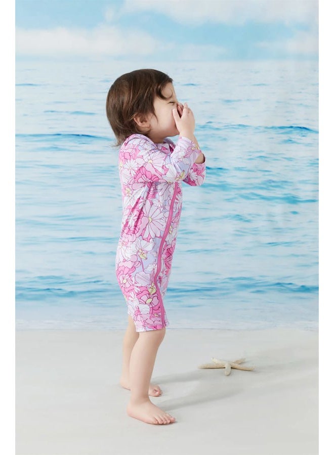 UMELOK Toddler Girls Swimsuit One Piece Full Zip with Long Sleeve UPF 50+ Sun Protection Swimwear Rash Guard Shirts Pink Flower,3Y - Image 2