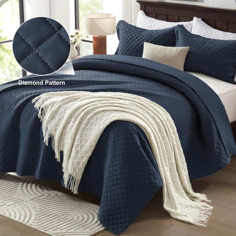 SunStyle Home Queen Quilt Bedding Set Navy, Lightweight Comforter Bedspread Blanket Full Queen Size Quilt, Durable Quilted Stitching Coverlet with 2 Pillow Shams Diamond Pattern All Seasons 3pcs - Image 2