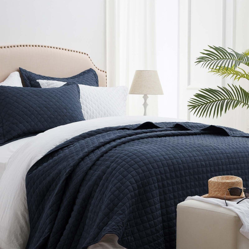 SunStyle Home Queen Quilt Bedding Set Navy, Lightweight Comforter Bedspread Blanket Full Queen Size Quilt, Durable Quilted Stitching Coverlet with 2 Pillow Shams Diamond Pattern All Seasons 3pcs - Image 1