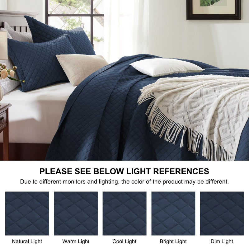 SunStyle Home Queen Quilt Bedding Set Navy, Lightweight Comforter Bedspread Blanket Full Queen Size Quilt, Durable Quilted Stitching Coverlet with 2 Pillow Shams Diamond Pattern All Seasons 3pcs - Image 5