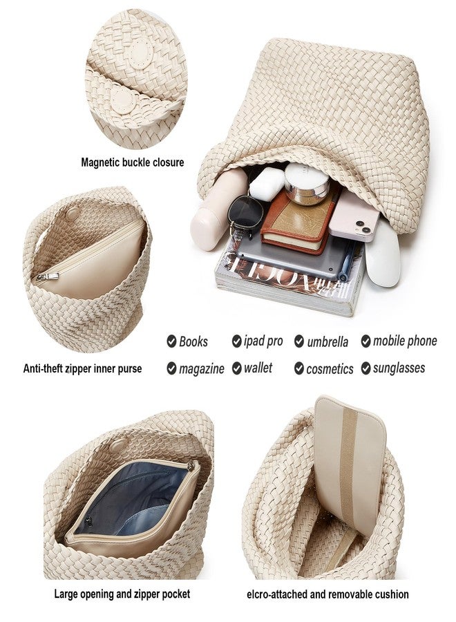 Sumrains Woven Bags for Women Tote Purse: Vegan Leather Shoulder Handbags - Medium Beach Tote Bags - Handwoven Satchel Underarm Purse for Holidays (Seashell Color) - Image 4