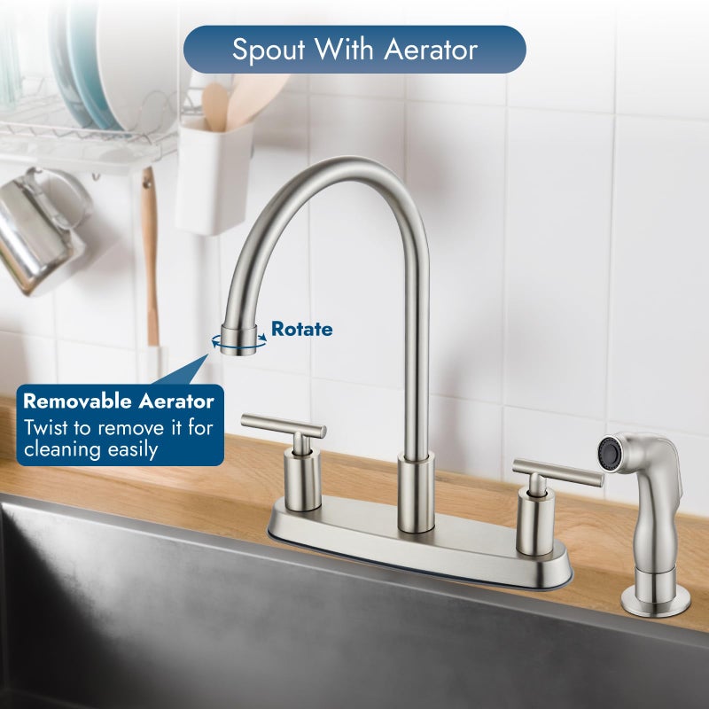 Cinwiny Kitchen Faucets, High Arc 360Â°Rotating Spout Kitchen Sink Faucet, 2 Handle 8 Inch Centerset RV Kitchen Faucet with Supply Lines, 3 or 4 Hole Kitchen Faucet with Side Sprayer, Brushed Nickel - Image 5
