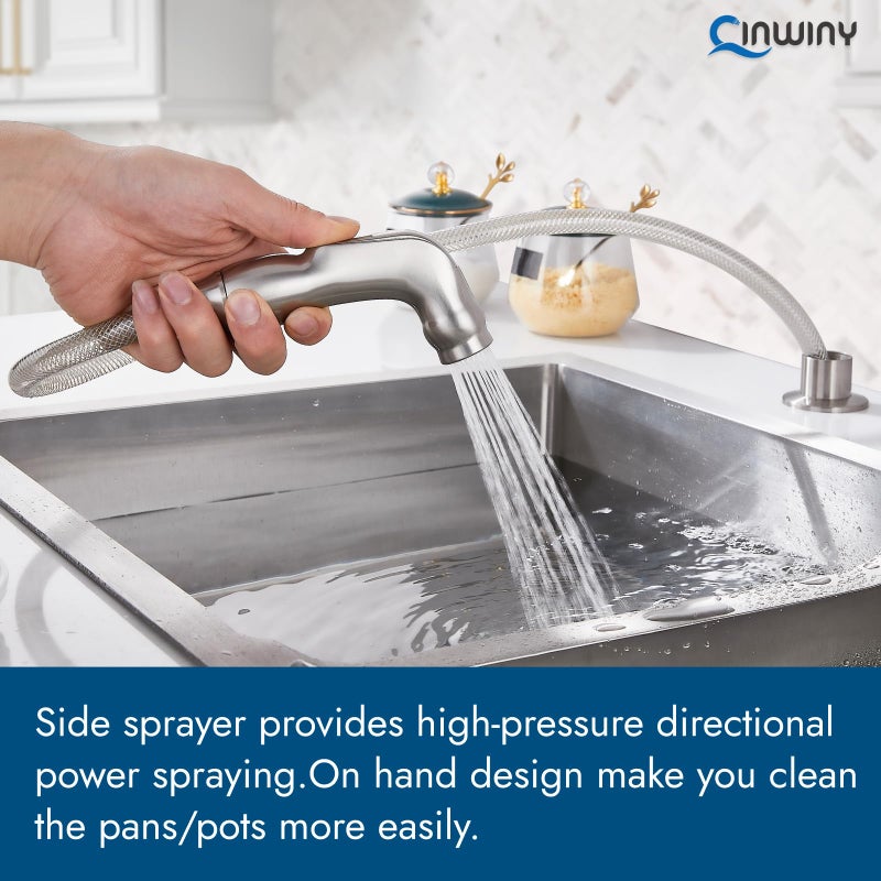 Cinwiny Kitchen Faucets, High Arc 360Â°Rotating Spout Kitchen Sink Faucet, 2 Handle 8 Inch Centerset RV Kitchen Faucet with Supply Lines, 3 or 4 Hole Kitchen Faucet with Side Sprayer, Brushed Nickel - Image 4