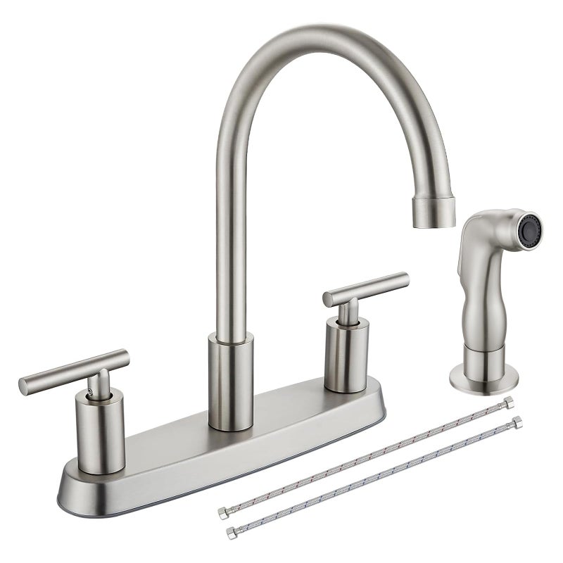 Cinwiny Kitchen Faucets, High Arc 360Â°Rotating Spout Kitchen Sink Faucet, 2 Handle 8 Inch Centerset RV Kitchen Faucet with Supply Lines, 3 or 4 Hole Kitchen Faucet with Side Sprayer, Brushed Nickel - Image 1